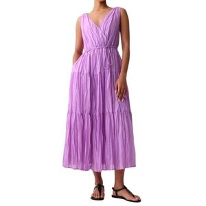 GAP Pleated Tiered Maxi Dress Womens S Lavendar V Neck Wrap Style Belted